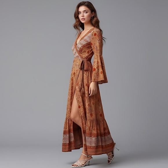 Boho Floral Print Bell Sleeve Tie Front Wrap Dress - Picture 2 of 13